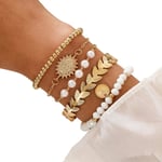 5 st Boho Guld Armband / Bangle med Vita Pärlor, Guldkulor & Löv Guld