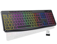 TECURS Clavier Gamer sans Fil - Clavier Ordinateur Silencieux avec Contrôle Média AZERTY Rétroéclairé, USB Clavier Ergonomique et Etanche, 3 Touches Anti-Ghosting LED 2.4Ghz pour Windows, Mac, PC