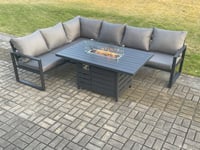 Aluminum Outdoor Garden Furniture Corner Sofa Gas Fire Pit Dining Table Sets Gas Heater Burner Dark Grey 6 Seater