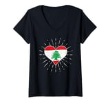 Womens Lebanese Flag Vintage Heart Lebanon Fan Retro V-Neck T-Shirt