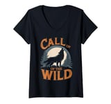 Womens Call of the Wild Howling Wolf Under Full Moon V-Neck T-Shirt