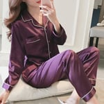 Dam Satin Silkeliknande Sovkläder Pyjamas Långärmad Nattkläder Set_a Lila M