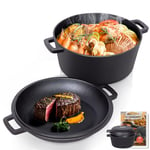 Todeco 2 en 1 Marmite en Fonte avec couvercle de poêle, 5L Dual Function Casserole en fonte avec recette pour cuisine, Pré-assaisonné, pour cuisine, camping, barbecue, rôtir ou braiser