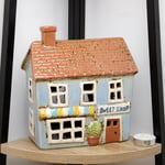 Sweet Shop Tealight Holder Glazed Ceramic Blue House Candle Lantern Ornament