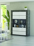 Dmora Buffet haut de cuisine avec 2 portes vitrées, Vitrine moderne avec étagères, Étagères buffet moderne, Fabriqué en Italie, 120x46xh170 cm, Couleur Blanc et Oxyde