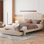 Cadre de lit tapissé avec un tiroir et une tête de lit, 140 x 200 cm, lit double, sommier à lattes en bois, cadre de lit double en tissu Teddy -Beige