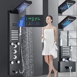 LED Bathroom Shower Panel Column Tower Mixer Taps Body Jets Waterfall Rain Black