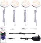 LED Lampe Sous Meuble Cuisine avec Telecommande RF Sans Fil, Rond Ultra Slim Eclairage Encastré pour Placard, Prise Européenne, 4 Paquets Lumières LED pour vitrine 12V 8W (Blanc Chaude2700K)