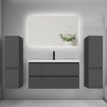 Ensemble meuble de salle de bain et lavabo anthracite (L.100cm) 2 tiroirs + meuble haut x2 + lavabo + miroir LED