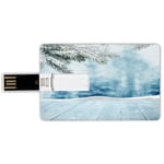 32G USB Flash Drives Credit Card Shape Winter Memory Stick Bank Card Style Wooden Planks and Coniferous Tree Branches Snowfall Calm Idyllic Seasonal View Decorative Waterproof Pen Thumb Lovely Jump Dr