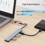 USB C Extender USB Hub 7 in 1 alumiinia, USB-jakaja 1 x USB 3.0, 4 x USB 2.0 ja 2 x USB C -portilla MacBook Pro Airille