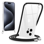 Yoedge Coque pour iPhone 15 Pro avec Cordon 6,1", Transparente Coque Collier Réglable Téléphone Étui Portable Lanyard Housse, Etui avec PC + TPU Bumper Anti-Chute Protection Case, Noir