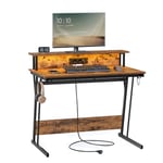 VASAGLE Bureau Gaming avec LED et Multiprise, Table Gamer, Bureau Informatique avec Rehausseur d’Écran, pour 2 Ordinateurs, pour Chambre, 60 x 100 x 76 cm, Marron Rustique LWD191K01