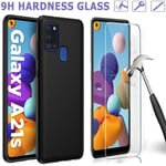 For Samsung Galaxy A21s Case, Black Silicone Phone Cover + Screen Tempered Glass