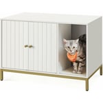 Maison de Toilettes pour Chat, Cache-litière, avec Tapis à Griffer, Pieds Hauts, Table d'Appoint, 80 x 50 x 55 cm, Blanc et Doré - Feandrea