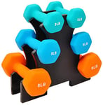 Signature Fitness Lot de 6 haltères en néoprène, antidérapants, anti-roulement, forme hexagonale, colorés, 3/5/3,6 kg, ensemble de 14,5 kg avec support