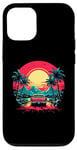 Coque pour iPhone 15 Pro Voiture rétro esthétique été plage palmiers coucher de soleil