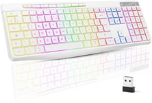 Clavier Gamer sans Fil Clavier Ordinateur Silencieux AZERTY Rétroéclairé, USB Clavier Ergonomique et Etanche, 3 Touches Anti-Ghosting LED 2.4Ghz pour Windows, Mac, PC Blanc