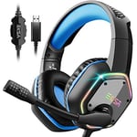 EKSA E1000 USB Gaming Headset for PC - Computer Headphones with Microphone/Mic Noise Cancelling, 7.1 Surround Sound Wired Headset & RGB Light - Gaming Headphones for PS4/PS5 Console Laptop (Blue)