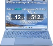 Ordinateur Portable Gaming 16 Pouces,Win 11 4 C?urs Celeron N5095 (Jusqu'À 2,9 Ghz) 12 + 512 Go Soutien Extension 1Tb Pc Portable,Laptop Avec 1920X1200 Écran 2K 2.4+5G Wifi 2,5"" Hdd Mini Hdmi-Bleu