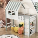 Lit d'enfant 90x200 cm lit haut et bas pour garçons et filles lit de maison en forme de toit avec échelle de sécurité avec compartiment de rangement