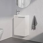 Meuble suspendu bois laqué + lavabo vasque céramique avec porte + poignée métal Chrome, 40,5x22x55cm, TIM 400, Blanc brillant