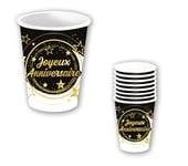 FIESTAS GUIRCA | 6 Gobelets Jetables Joyeux Anniversaire (240 ml) (9 cm) - Décoration de Table pour Fêtes d'Anniversaire et Graduations - Idéal pour Célébrations et Événements - Noir, Or, Blanc