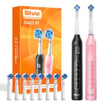 Bitvae Rotating Electric Toothbrush 2 Packs for Adults and Kids, 8 Brush Heads 60-Day Battery Life, 5 Modes Power Toothbrush with 2-Minute Smart Timer, Black & Pink, R1