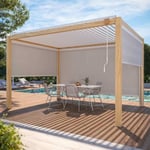 Pergola bioclimatique autoportée avec décor en bois blanc 3x4m + 3 stores