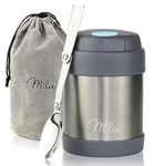 Milu Boîtes Alimentaires Isothermes 300ml I 440ml, Boîte Isotherme Repas Chaud Porte-Aliments en Acier Inoxydable à Double Couche, Cuillère Pliante pour Ecole, Bureau (300ml/Gris)