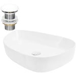 Lavabo en Céramique, Blanc, 55x42x18 cm, Forme Ovale, Garniture de Vidage 1 1/4, Vasque á Poser, Design Moderne, Lavabo à Main, Lavabo de Comptoir