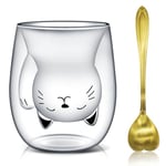 Afitdon Tasse mignonne pour chat - Double paroi - Avec motifs de chats - Avec cuillère - Cadeau pour les amateurs de chats - 280 ml - Pour cappuccino, latte macchiato, thé, glace et lait (chat