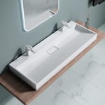 Lavabo double avec bonde vasque à poser ou suspendu blanc mat 120x46x11cm évier avec percage pour 2 robinets Colossum19-2 1200