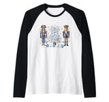 Blue Nutcracker Soldier Blue Christmas Tree Toile Floral Bow Raglan Baseball Tee