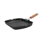 Kamberg - Poêle Grill 34 x 24 cm - Manche Rabattable en bois - Fonte d'Aluminium - Revêtement type pierre - Tous feux dont induction - Sans PFOA - 0008016, Noir, 36 x 26,5 x 3,5 cm