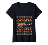 Womens Fire Truck Reindeer Xmas Ugly Firefighter Fireman Christmas V-Neck T-Shirt