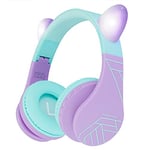 PowerLocus Bluetooth Headphones for Kids, Kids Wireless Headphones Cat Ear LED Light Up, Foldable Volume Limited Headphone with Microphone Wireless/Wired Headset with Micro SD/TF for Phones/PC/iPad