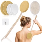 URAQT Brosse de Bain à Long Manche, 7PCS Applicateur Crème Dos, Brosse de Douche pour Dos de Douche à Bulles à Une Touche, Brosse dos Douche pour Exfoliante, Améliore la Circulation Sanguine(Nature)