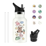 Grsta Gourde Enfant, 350ml Gourde Isotherme, Gourde Inox sans BPA, Gourde avec Paille Anti-Fuite, Facile à Nettoyer, Gourde Personnalisée Froid&Chaud, pour l'enfant 1/2/3 -year -old, Blanc-Ours