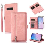 Asuwish Phone Case for Samsung Galaxy S10 Wallet Cover With Tempered Glass Screen Protector and Crossbody Wrist Strap Leather Flip Zipper Card Holder Stand Cell S 10 Edge 10S GS10 X10 Women Men Pink