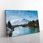 Mountain Above The Lake Painting Modern Art Canvas Wall Art Print Ready to Hang, Framed Picture for Living Room Bedroom Home Office Décor, 76x50 cm (30x20 Inch)