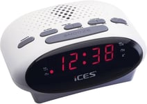 Ices Icr-210 White-Radio-Reveil Fm,Tuner Pll-Fm,Haut-Parleurs Integres,Radio-Reveil,Ecran Led,Double Alarme,Fonction Snooze,Blanc