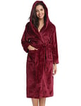 Vlazom Robe de Chambre Polaire Femme, Peignoir Polaire à Capuche Femmes Chaude et Doux Flanelle pour Hiver Cadeau de Noël,XL,A-Vin Rouge