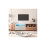 Meubles tv, bancs bas, meubles de salon en gris clair et bois. Style campagnard naturel. Avec éclairage led à changement de couleur et plateau en