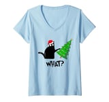 Womens Funny Black Cat Gift Pushing Christmas Tree Over Cat What? V-Neck T-Shirt