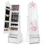 FANTASK Armoire à bijoux 2 en 1 pour enfants - Armoire miroir inclinable avec miroir intégral, tiroir et panier de rangement - Présentoir à bijoux - Miroir de maquillage licorne - 31,5 x 30 x 115 cm -