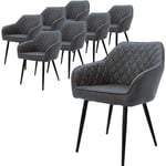 Lot de 8 Chaises de Salle à Manger avec Accoudoirs et Dossier, Anthracite, Revêtement en Simili, Pieds en Métal Noir, Chaise de Cuisine Salon, pour