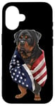 Coque pour iPhone 16 Chien Rottweiler patriotique enveloppé dans un drapeau américain américain