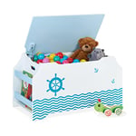 Relaxdays Coffre à Jouets, Motif Maritime, Malle, Couvercle, HLP : 46x84x42,5 cm, Range-Livres, bac Peluches, Bleu-Blanc