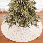 BAKAJI Tapis de Protection pour Base de Sapin de Noël, diamètre 78 cm, en Tissu Doux, Blanc Effet Neige enneigé, avec décoration de Flocons de Neige, décorations de Noël (Gold)